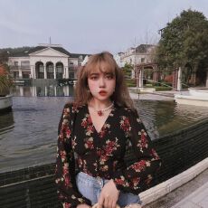 批发春秋冬新款V领性感法式气质泡泡袖碎花<b class='q'>衬衫</b><b class='q'>女</b>短款长袖上衣