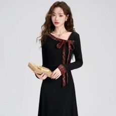 批发新款法式温柔气淑女风黑色露肩格纹绑带连衣裙<b class='q'>修身</b>显瘦a字裙