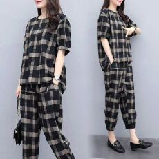 批发格子套<b class='q'>装</b>女2026新款夏<b class='q'>装</b>大码女<b class='q'>装</b>休闲<b class='q'>短袖</b>九分<b class='q'>裤</b>显瘦两件套宽松潮