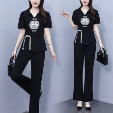批发大码新中式休闲套装女士2026夏装国风刺绣<b class='q'>时尚</b>显瘦短袖长裤两件套