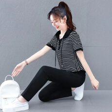 批发夏季大码运动套装女2026新款<b class='q'>短袖</b>长裤条纹休闲服中年妈妈装两件套