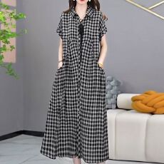 批发格子<b class='q'>连衣裙</b>女2026夏季新款韩版宽松大码气质休闲显瘦短袖衬衫裙子