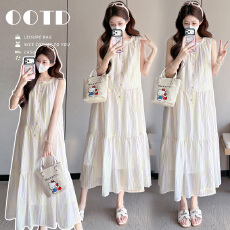 批发实拍 减龄圆领条纹孕妇夏季无袖长裙宽松度假慵懒风长裙