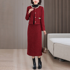 批发2025年秋冬时尚小香风套装女高级感减龄喜婆婆<b class='q'>红色</b>结婚宴礼服