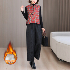 批发2025新中式国风提花夹棉加厚马甲斜襟盘扣复古浮雕棉提花阔腿裤女