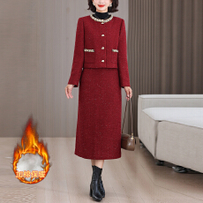 批发2025年秋冬时尚小香风加棉套装女高级感减龄喜婆婆红色结婚宴礼服