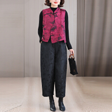 批发2026新中式国风提花马甲斜襟盘扣复古上衣女浮雕提花阔腿裤两件套