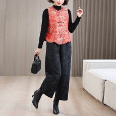 批发2026春季新款国风提花双面<b class='q'>马甲</b>盘扣复古上衣女浮雕提花阔腿裤