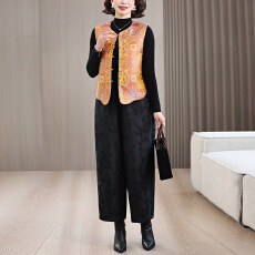 批发2026春国风提花双面<b class='q'>马甲</b>斜襟盘扣复古上衣女浮雕提花阔腿裤两件套