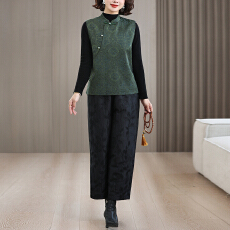 批发2026新中式国风提花<b class='q'>马甲</b>斜襟盘扣复古上衣女浮雕提花阔腿裤两件套