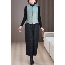 批发2026春季新中式国风提花<b class='q'>马甲</b>盘扣复古上衣女浮雕提花阔腿裤