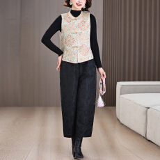 批发2026春新中式国风提花<b class='q'>马甲</b>斜襟盘扣复古上衣女浮雕提花阔腿裤