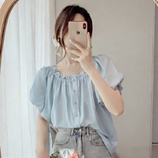 批发实拍 新款<b class='q'>一字肩</b>泡泡袖衬衫女设计感小众褶皱宽松显瘦短袖<b class='q'>上衣</b>