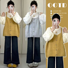 批发现孕妇韩系休闲<b class='q'>百搭</b>宽松长袖上衣女秋叠穿针织背心马甲时尚两件套