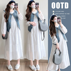 现~实拍~白月光气质小清新温婉白色长款仙女裙+牛仔马甲两件套