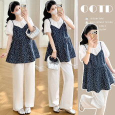 批发现~实拍孕妇夏季新款韩系宽松遮肚百搭<b class='q'>碎花</b>上衣女假两件+阔腿<b class='q'>裤</b>