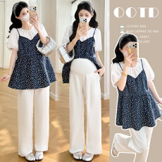 批发现~实拍孕妇夏季新款韩系宽松遮肚百搭<b class='q'>碎花</b>上衣女假两件+阔腿<b class='q'>裤</b>