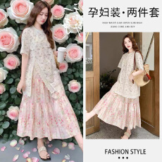 批发现~<b class='q'>孕妇</b><b class='q'>法式</b>巨好看甜美减龄蕾丝刺绣T恤女+碎花半身裙两件套