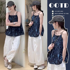 批发孕妇韩系松弛感休闲<b class='q'>套装</b>女夏季新款气质百搭碎花吊带＋托腹阔腿<b class='q'>裤</b>