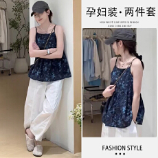批发孕妇韩系松弛感休闲<b class='q'>套装</b>女新款气质百搭碎花吊带上衣+托腹阔腿<b class='q'>裤</b>
