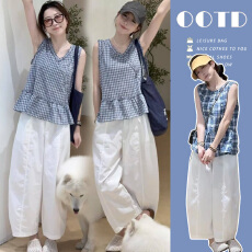 批发孕妇夏季新款格纹设计款减龄宽松上衣➕休闲百搭阔腿<b class='q'>套装</b>