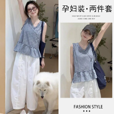 批发孕妇夏季新款格纹设计款减龄宽松遮肚上衣➕百搭阔腿<b class='q'>套装</b>