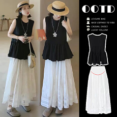 批发孕妇韩系夏日穿搭一整套高级小众不撞款黑色圆领半身裙两件套装