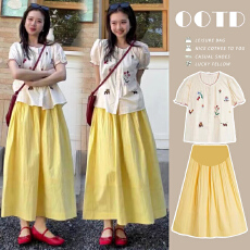 批发孕妇刺绣碎花<b class='q'>衬衫</b>女初夏法式短袖独特超好看的上衣+黄色半身裙