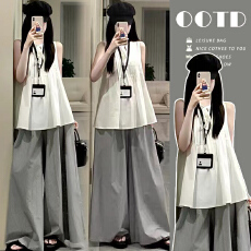 孕妇巨好看的夏装套装女韩系白色系带压褶无袖衬衫条纹阔腿裤子