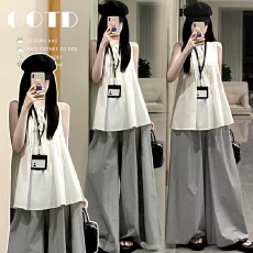 孕妇巨好看的夏装套装女韩系白色系带压褶无袖衬衫条纹阔腿裤子