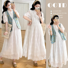 批发现~实拍~孕妇2026夏季法式温柔风刺绣连衣裙<b class='q'>复古</b>牛仔马甲<b class='q'>长裙</b>套装