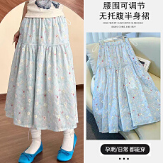 批发孕妇泰德蓝碎花半身裙女夏刺绣设计大码宽松中长款a字蛋糕裙子