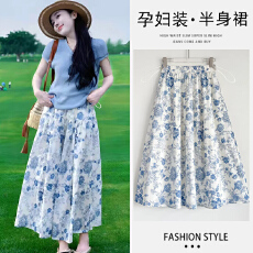 批发孕妇复古水墨画碎花半身裙女夏季无托腹设计感法式气质大摆长裙