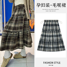 批发孕妇毛呢格子半身裙女秋<b class='q'>冬</b>新款大码胖mm遮胯显瘦中长款a字蛋糕裙