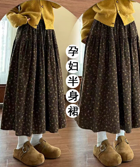 임산부 가을 겨울 의류 새로운 레트로 꽃무늬 꽃무늬 기억 반신 스커트 여성 플리스 센스 대 치마 중간 길이 스커트