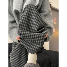 批发格雷系黑灰撞色阔腿慵懒风格子裤女秋季大码胖妹妹显瘦垂感<b class='q'>休闲裤</b>