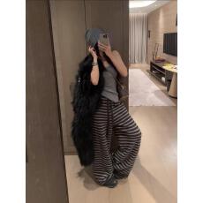 批发秋冬新款慵懒风厚实<b class='q'>条纹</b><b class='q'>阔腿裤</b>女宽松直筒针织休闲<b class='q'>裤</b>