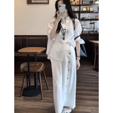 批发白色排扣<b class='q'>包臀</b>裙a字<b class='q'>半身</b>裙女夏薄款小个子高腰开叉<b class='q'>长裙</b>气质半裙子