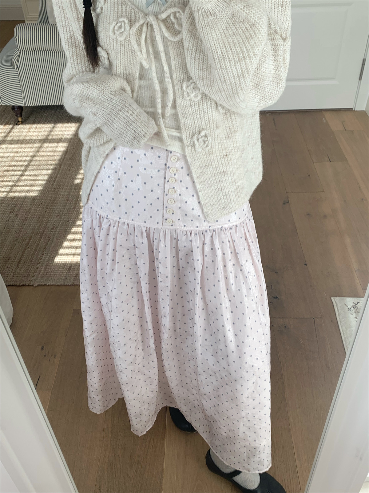 점프 설탕 핑크색 도트 무늬 단추 길다 반 스커트