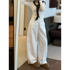 批发白色弯刀牛仔裤<b class='q'>女</b>2026春新款小众设计感高腰显瘦宽松休闲阔腿裤子