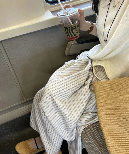 허리밴드 반신 스커트 한 부서 느긋한 바람 면 소재 세로 줄무늬 펌프 로프 봄 여름 쌀 회색 블루 스트라이프