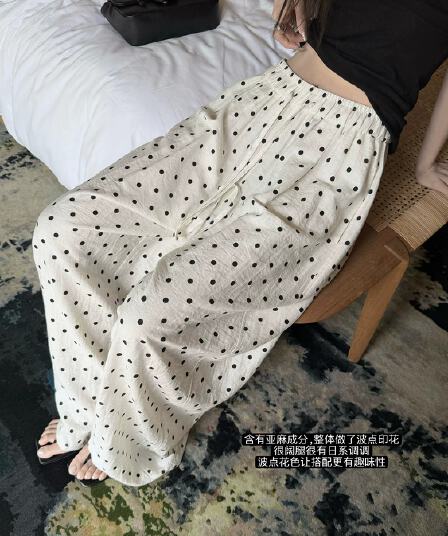 도트 무늬 아마 바지 amp 포함 아마 통기성 센스 느슨함 느긋한 센스 와이드 레그 팬츠 긴 바지 여성 여름