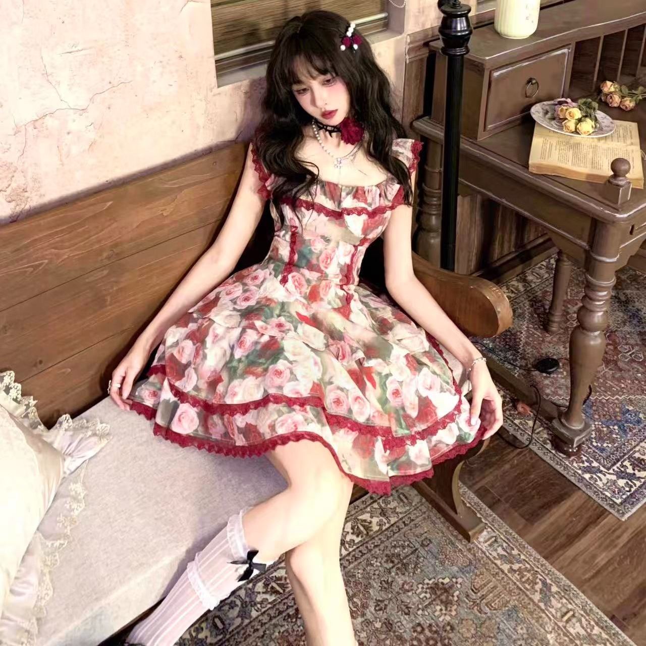 영화 장미 레트로 달콤함 꽃무늬 허리 수축 드레스 공주 미니 스커트 여름