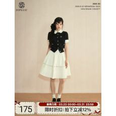 撞色拼接针织短袖开衫外套压褶A字伞裙中长裙学院风套装