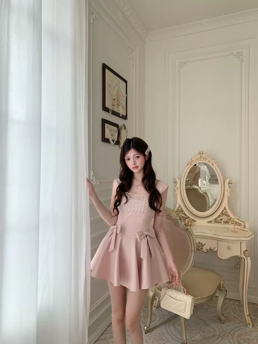 기타 한 작은 물고기 musefish 향기로운 티 비싼 여성 천 금빛 바람 공주 슬립 드레스 나비 매듭 생일 여성 드레스