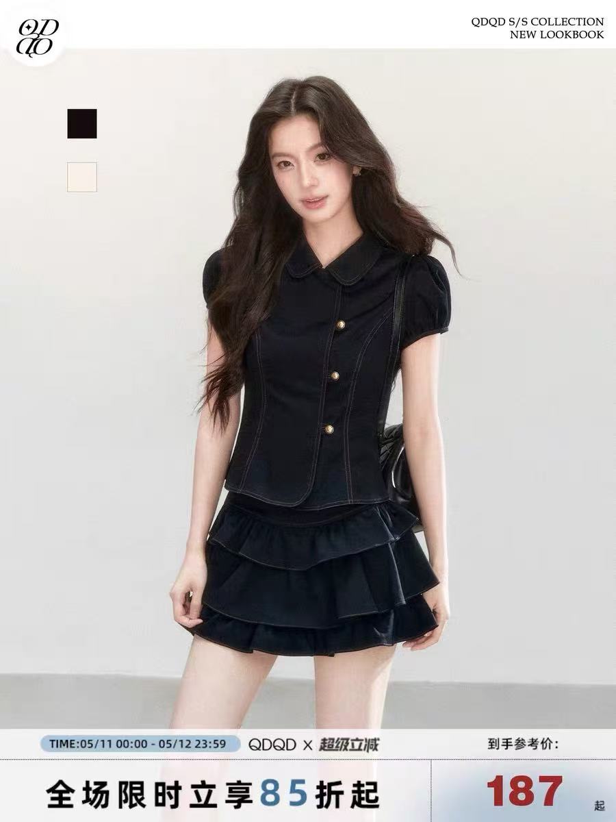 달콤한 차가운 학원 스타일 세트 레트로 베이비 칼라 허리 수축 반팔 셔츠 소녀 센스 케이크 미니 스커트 여름