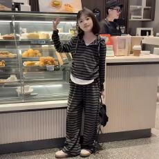 批发女童运动套装春秋2025新款<b class='q'>儿童</b>秋季洋气条纹帽衫阔腿裤休闲两件套