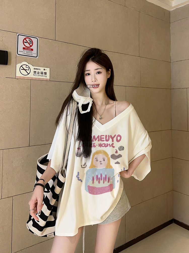 FA34023# 原创V领短袖T恤oversize落肩袖 服裝批發女裝批發服飾貨源