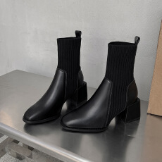 批发2025秋冬秋冬新款中粗跟高跟短靴瘦瘦靴<b class='q'>女</b>袜子靴马丁靴货号