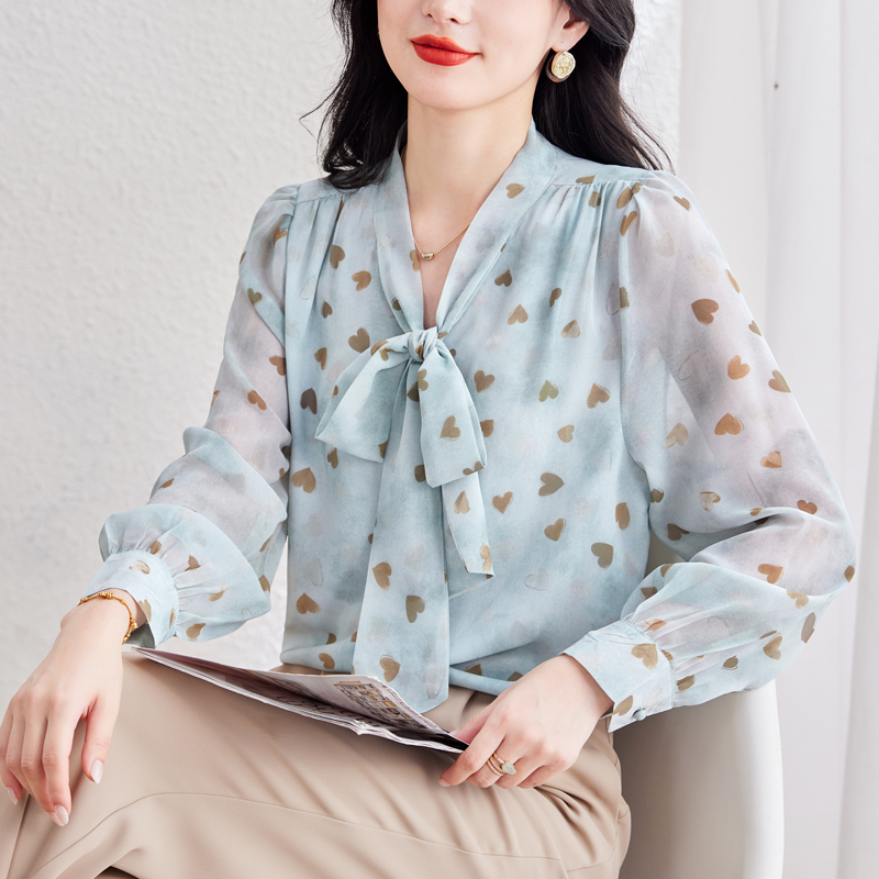 FA36766# 系带碎花淑女显瘦长袖上衣秋新款时尚百搭通勤气质衬衫女 服裝批發女裝批發服飾貨源